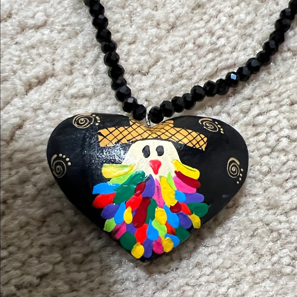 Oaxaca Hand-Painted “Tiliche” Black Heart Necklace & Earring Set, One of a Kind - Picture 2 of 4
